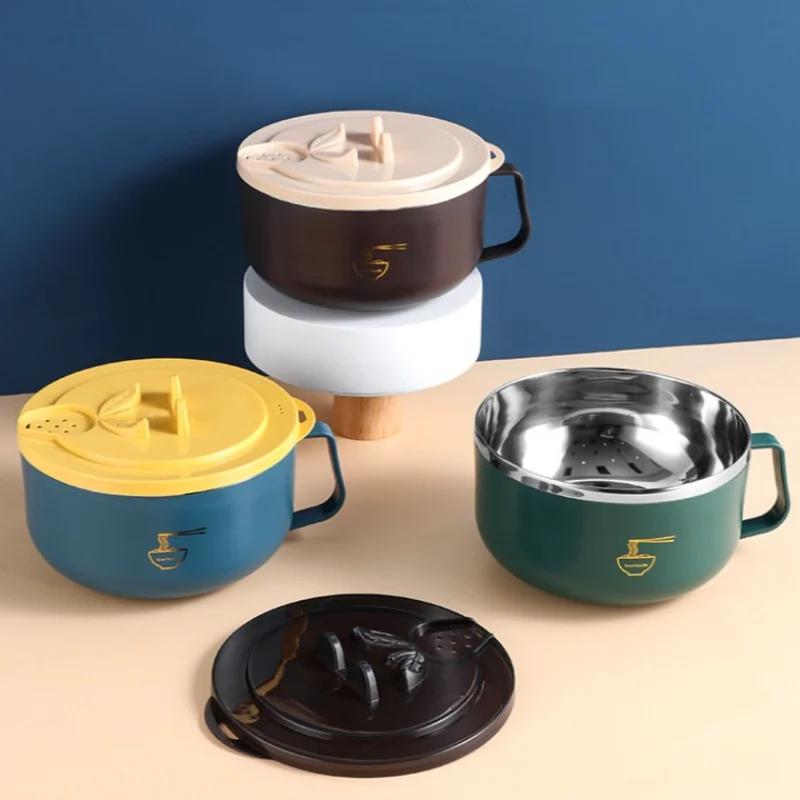 Ramen Bowl 304 Stainless Steel Noodle Bowl with Lid Heat Resistant Instant Noodles Bowls Cooker Tableware Kitchen Accessorie