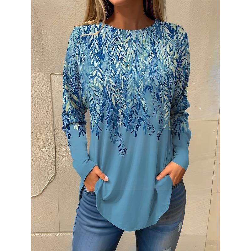 2025 Women's T shirt Tee Floral Print Long Sleeve Basic Sweatshirt Fashion Round Neck Regular Fit Floral Painting