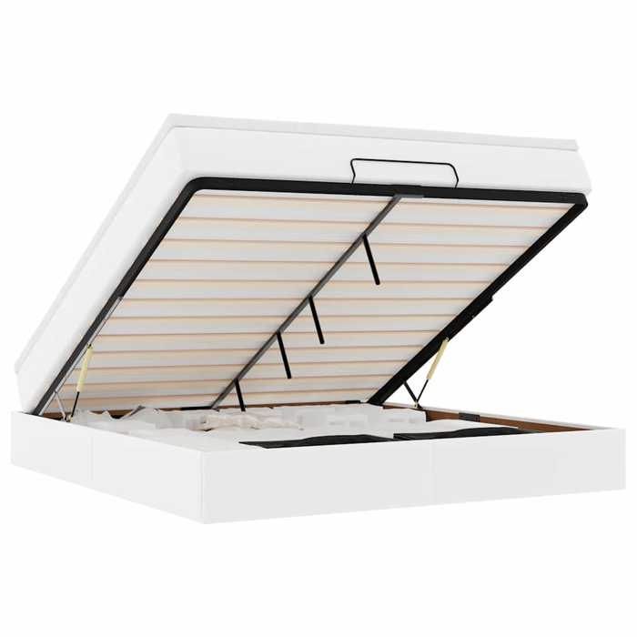 Cadre de lit ottoman - 180x200 cm - Similicuir blanc - Rangement sous le lit - Surmatelas inclus