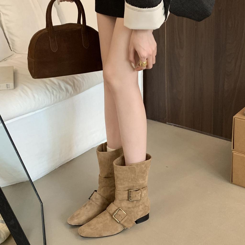Cowhide Version~ Retro French Thick Heel Short Boots Women's Boots 2025 New Korean Version Medium Tube Boots Small Square Head Western Boots