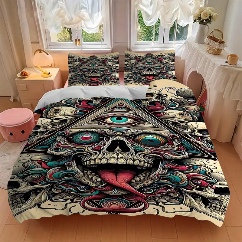 3pcs Anime Skulls & Pyramids Comforter Set with One Quilt Cover and Two Pillowcases (No Core) - Home Decor, Festival Gift, Polyester Fabric, Bedroom a