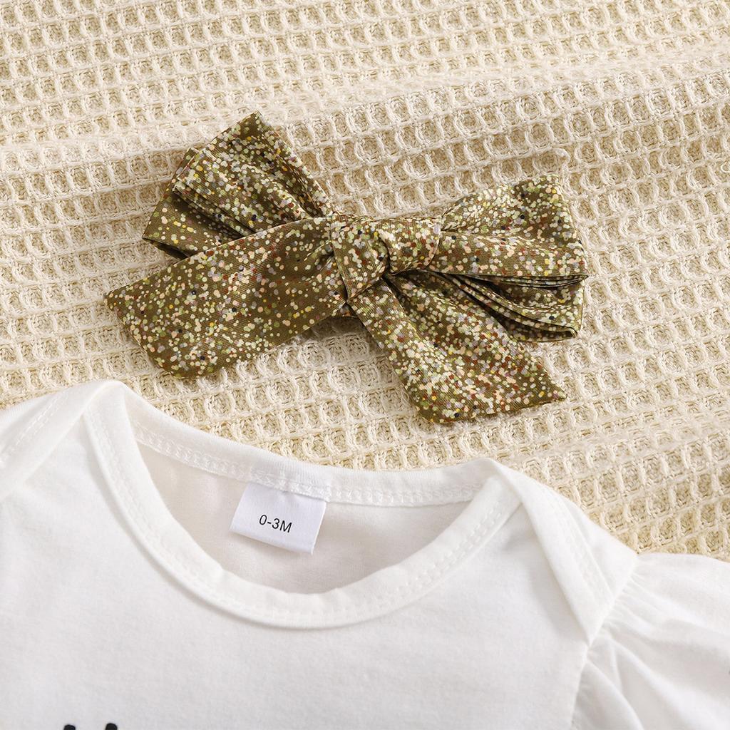 Baby Girl "Happy New Year" Print Cotton Bodysuit Fireworks Print Pants With Headband Outfit Set