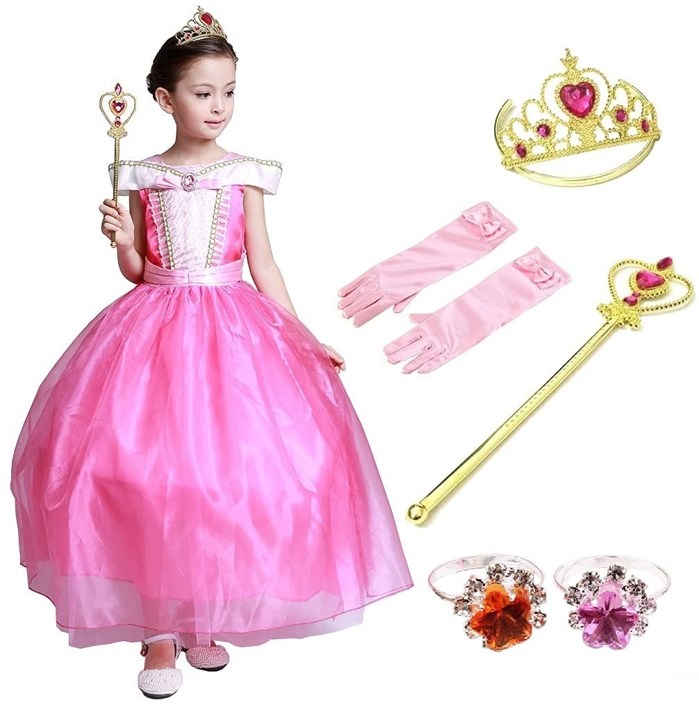 

любовь и Розовое платье принцессы Костюм для косплея Мягкое длинное платье Перчатки Тиара Палочка Кольцо Набор Костюм платья принцессы для девочек Персиковый [Несущий мир] 3-слойный