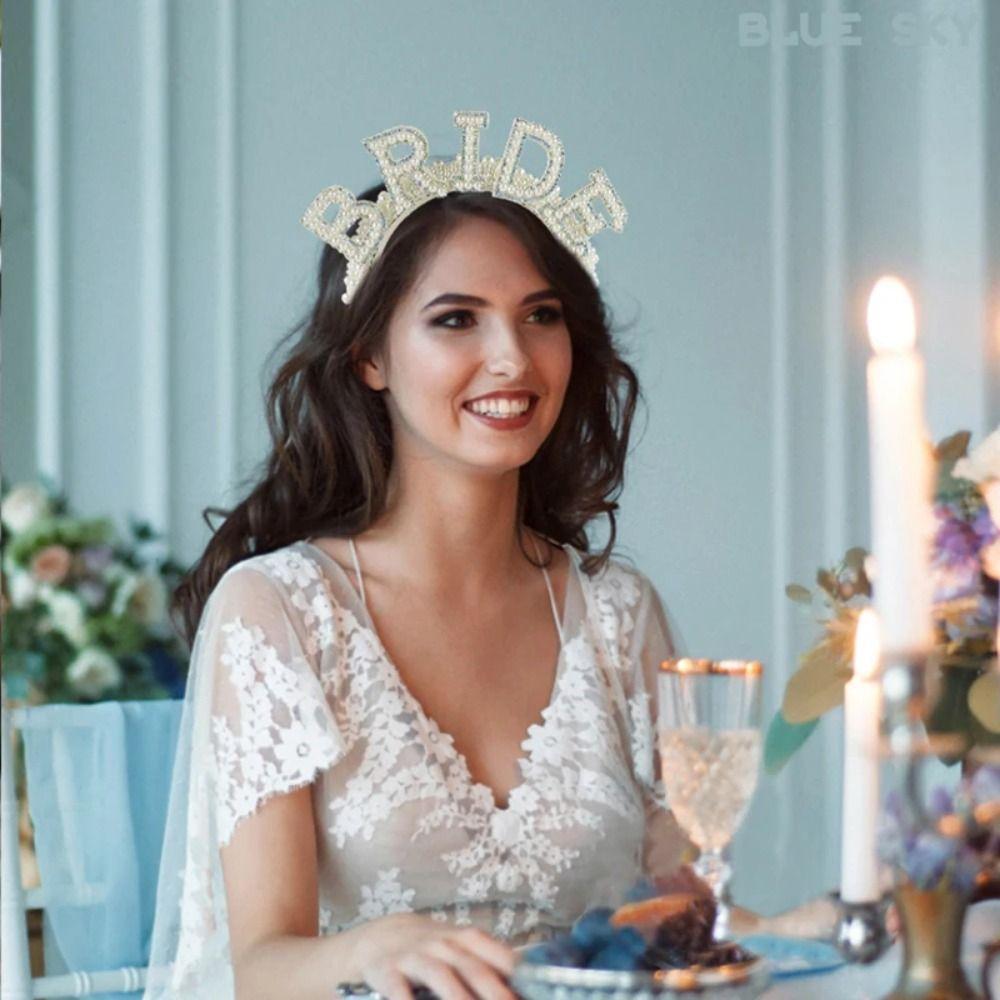 With Veil Pearl Crown Headband White Bridal Hair Accessories  Engagement Dinner Hair Accessories