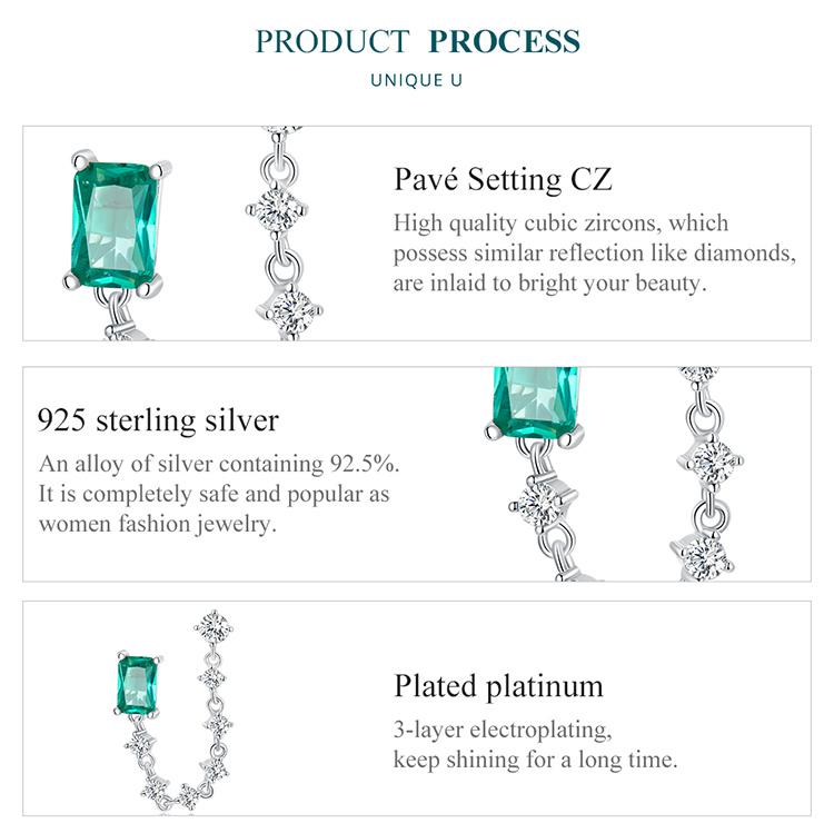 Bamoer 1PC 925 Sterling Silver Double Hole Chain Earrings for Women Fine Jewelry Green Square Piercing Ear Stud Wedding