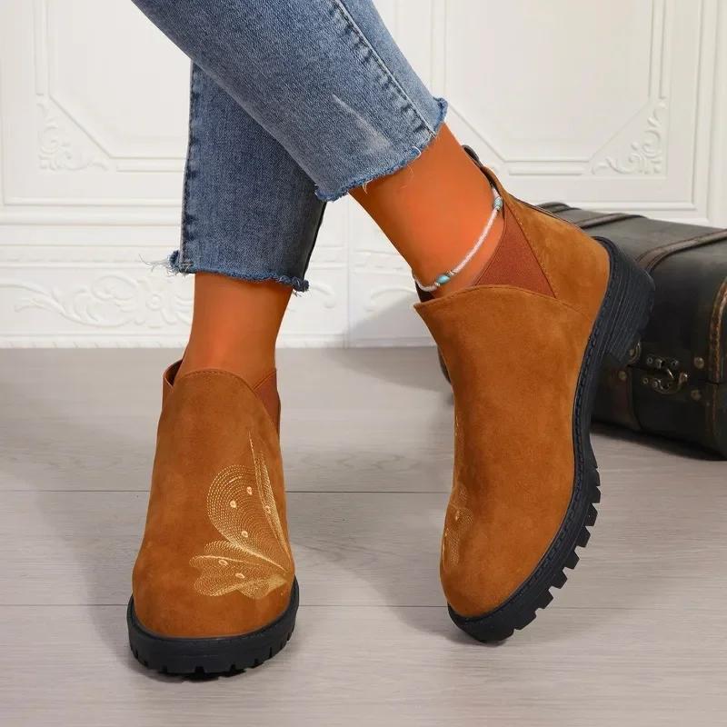 Fashion Women's Shoes on Sale 2024 Sleeve Autumn Round Toe Suede Solid Middle Tube Chunky Heels Large Size Naked Boots Zapatos De Mujer