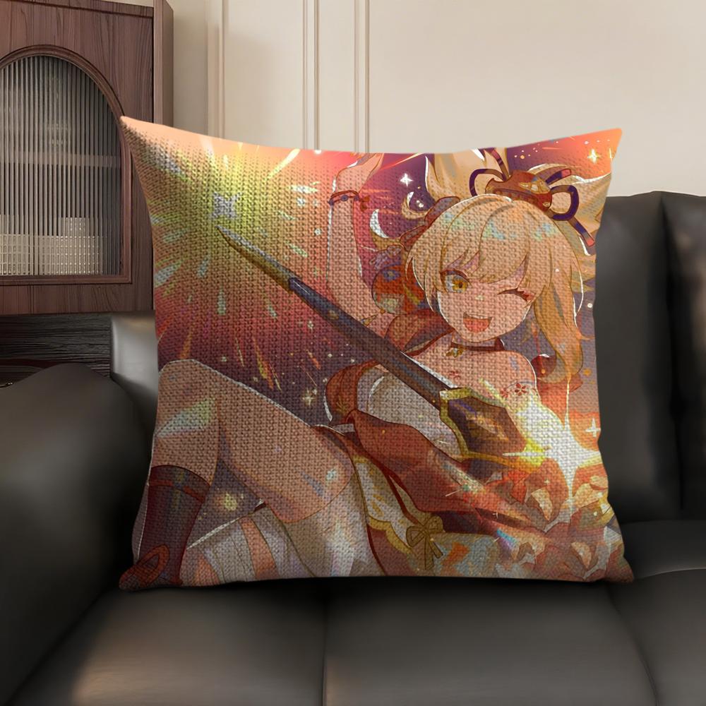 Yoimiya Genshin Impact Cute Cushion Cover Natural Linen Organic Fabric DoubleSided Printing Sofa Home Decor Gift Pillow Case
