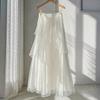 French Style White Mesh Midi Skirt With Abstract Pattern For Elegant Spring Wear
