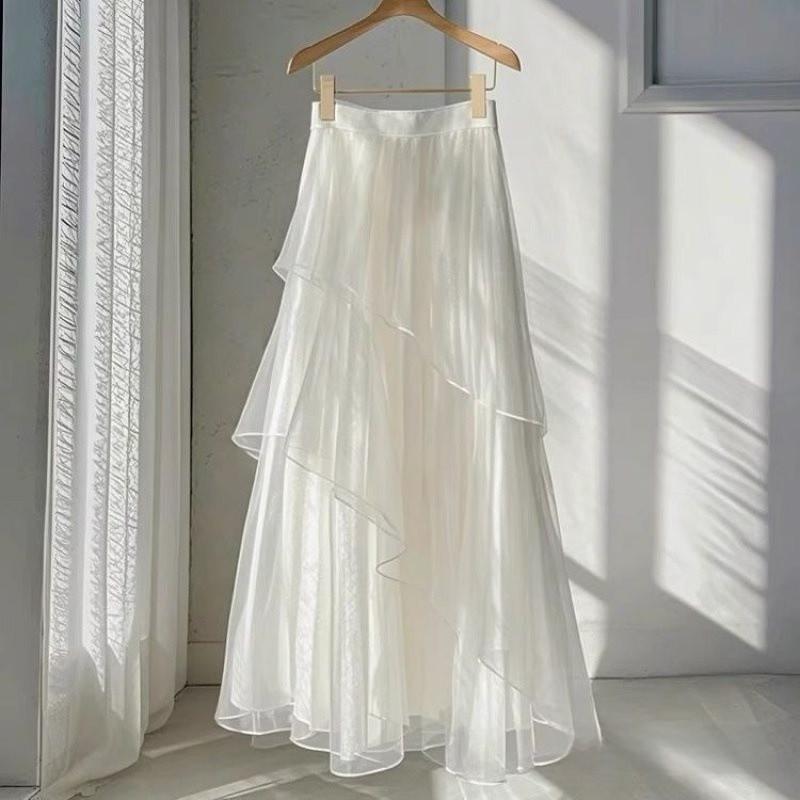 French Style White Mesh Midi Skirt With Abstract Pattern For Elegant Spring Wear