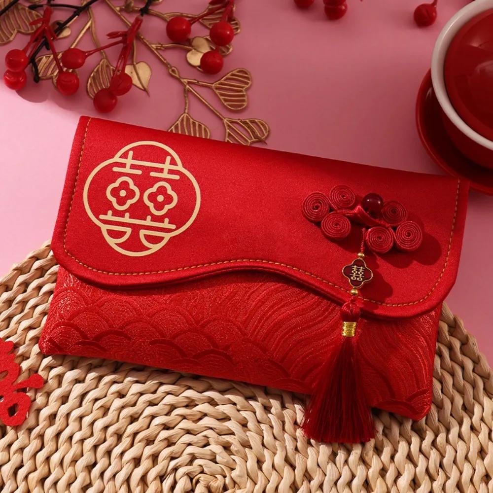 Traditional Red Envelope Best Wishes with Tassel Money Pocket Handmade Embroidery Details Red Lucky Bag New Year Celebration