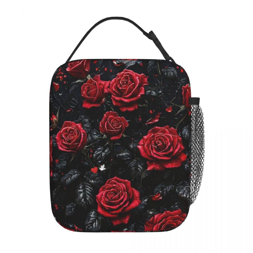 Red Rose Floral Design Insulated Lunch Bag for Women Kids Portable Food Boxes Thermal Lunch Box Tote