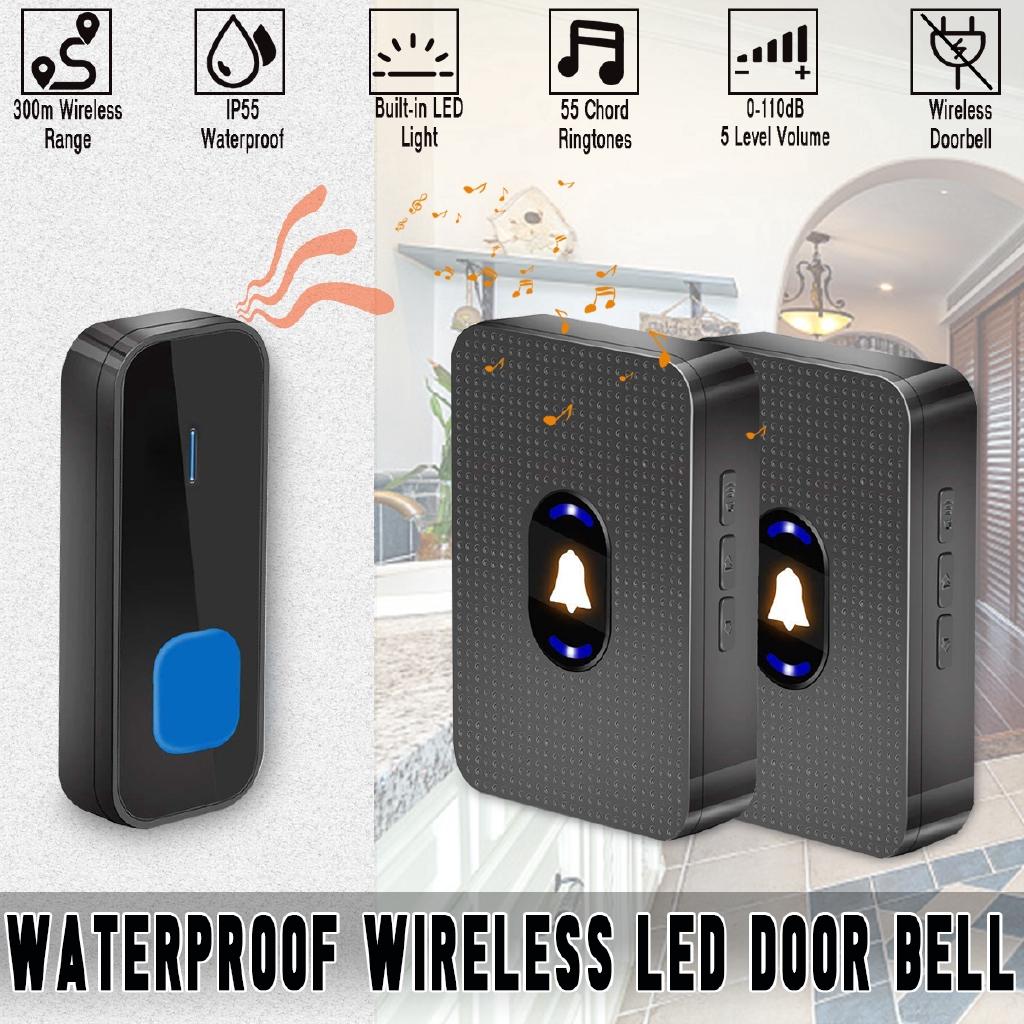 Wireless LED Waterproof Door Bell Cordless 1000ft/300M Range 55 Chime Doorbell UK/EU/US Plug 110-260V for Villas Hotels