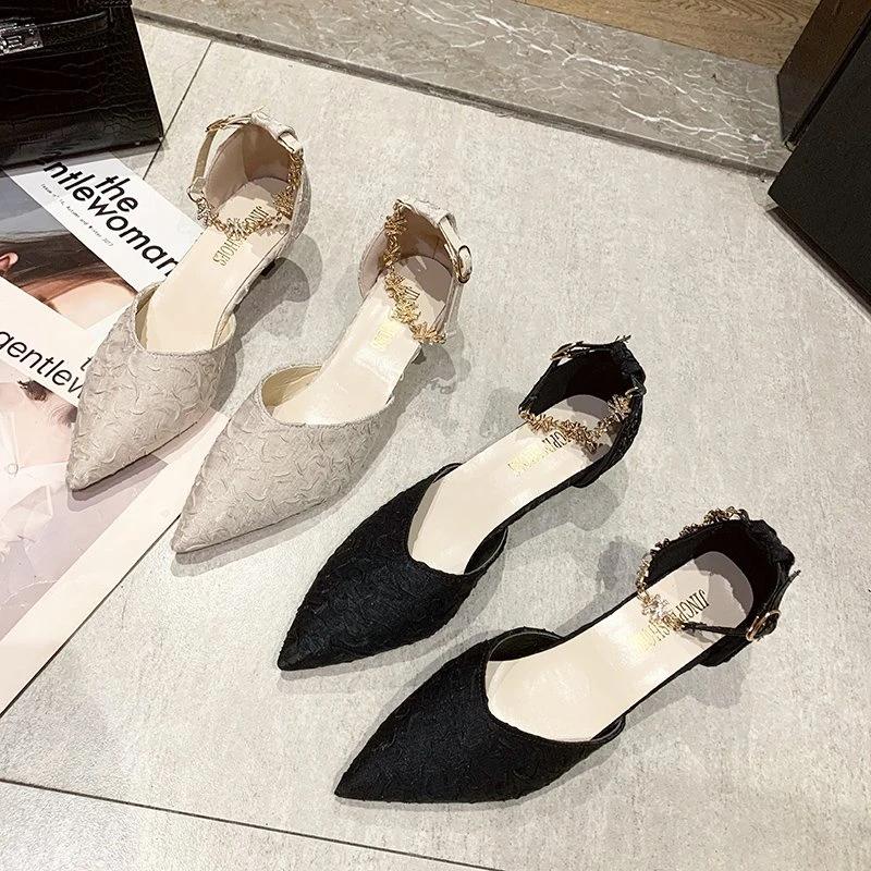 Women's Sandals Pointed Tip Buckle Side Cutout High Heels Women Sexy Solid Color Anti-slip Leisure Sandalias De Mujer