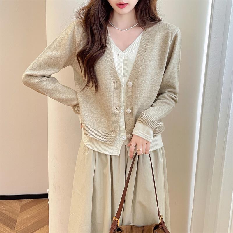 

TonLion Women s Colorblock Faux Two-Piece V-Neck Cardigan M