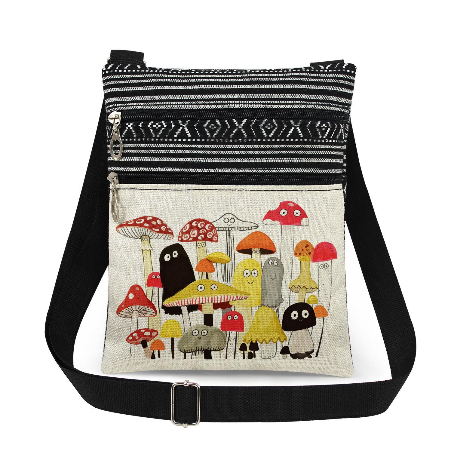 Double Zipper Mushroom Printed Oblique Span Bag, Ultra-Light Messenger Bag, Women S Classic Shoulder Bag.