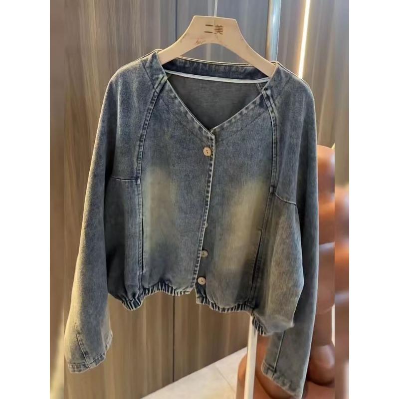 Premium Retro Small Short Denim Jacket Spring and Autumn Fashion Casual Jacket Top Vintage Raglan Sleeve Loose Layering Outerwear