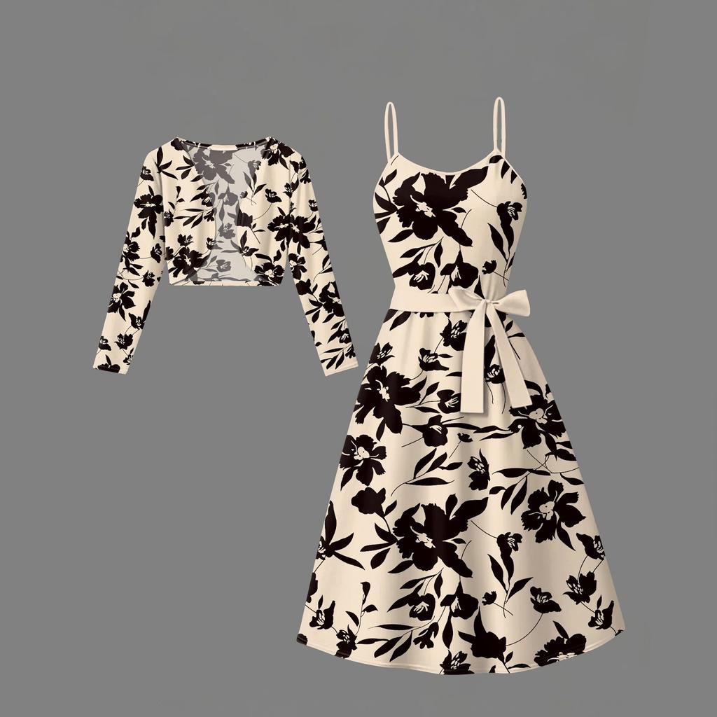 Women's  Fashionable And Casual Long-sleeved Short Cardigan Top + Belt + Strappy Dress Set