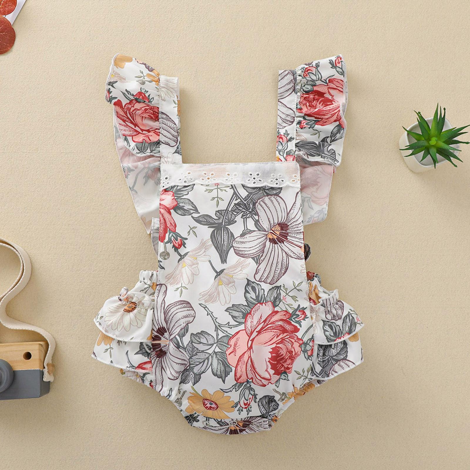 

Кружевной комбинезон с рюшами и цветочным принтом для новорожденных девочек, летние наряды