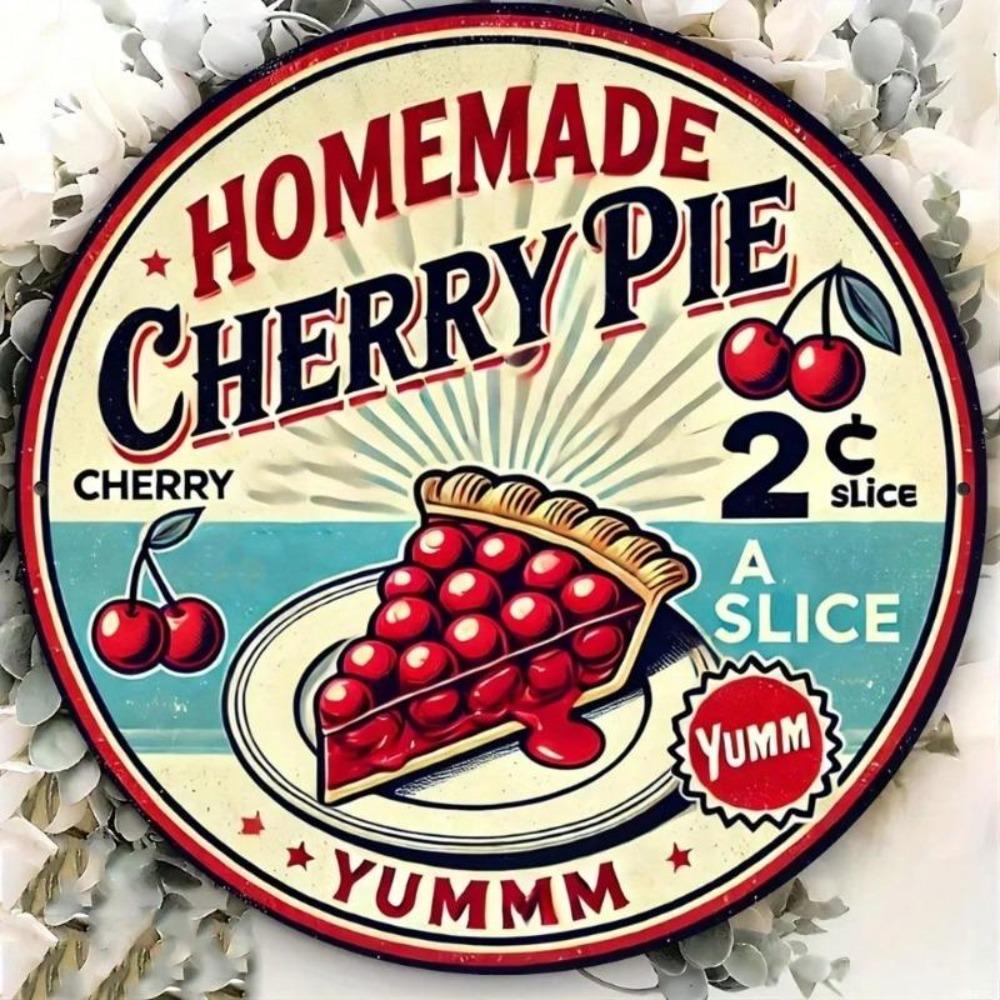 Vintage Cherry Pie Metal Tin Sign Round Aluminum Wall Art Kitchen Decor