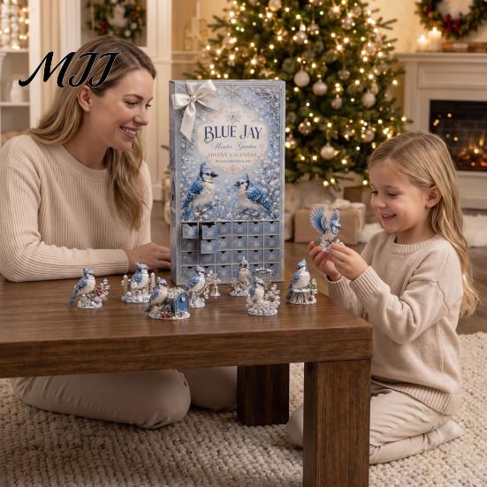 Ice Blue Jay Ornament Advent Calendar, 24-Day Winter Garden Countdown Box Wonderland Decorations with Acrylic 2D Ornaments, Christmas Tree Hanging