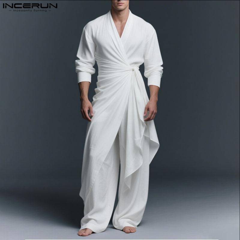 INCERUN 2PCS Men V Neck Long Sleeve Twisted Ruffled T-shirt Long Pants Sets Outfits