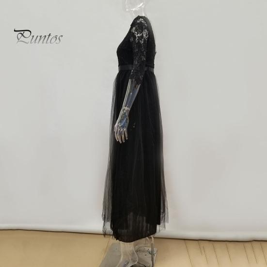 Autumn Evening Dress Women Prom Party Round Neck Lace Flower Embroidery Half Sleeve Tight Winter Gown Waist Patchwork Floor Length Pleated Lady