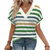 Women's Summer V Neck Striped T-shirt, Rolled Short Sleeve Loose Casual Color Block Stripe Daily Wear Blouse Tops
