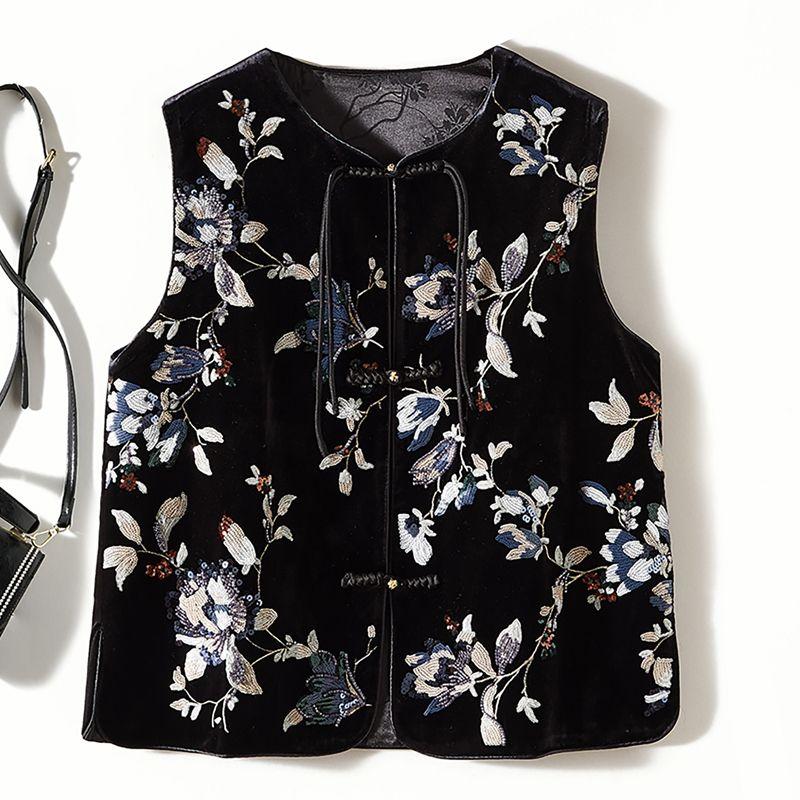 

Пейзаж из цветных пайеток ручной работы! Китайский круглый вырез Золотой бархат Флэш I-образный жилет Осень и зима Женское платье-бандаж Верхняя одежда Black L