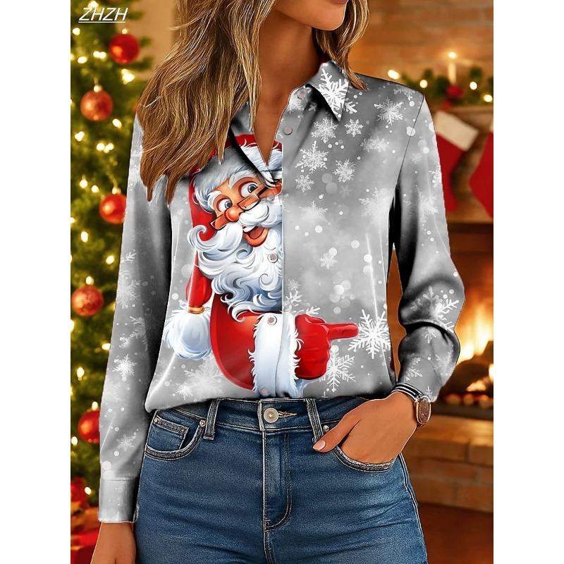 Christmas Women's Shirt Graphic Santa Claus Elegant Vintage Tropical Long Sleeve Shirt Collar Regular Tops Daily Holiday Winter