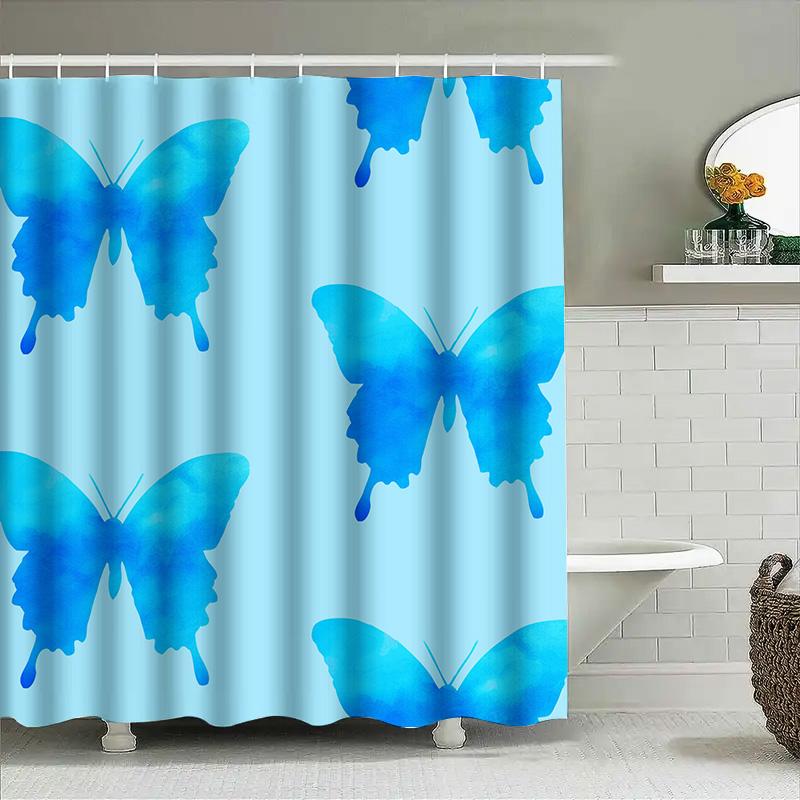 Blue Butterfly Watercolor Shower Curtain Waterproof Bath Rug Decoration For Bathroom Home Decor 20X7251*183Cm