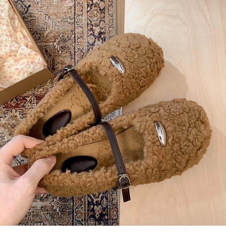 Fashion Commuter Retro Flat-bottomed Fluffy Shoes Women's 2025 New Autumn and Winter Velvet Round Head Soft Sole Mary Jane Cotton Shoes