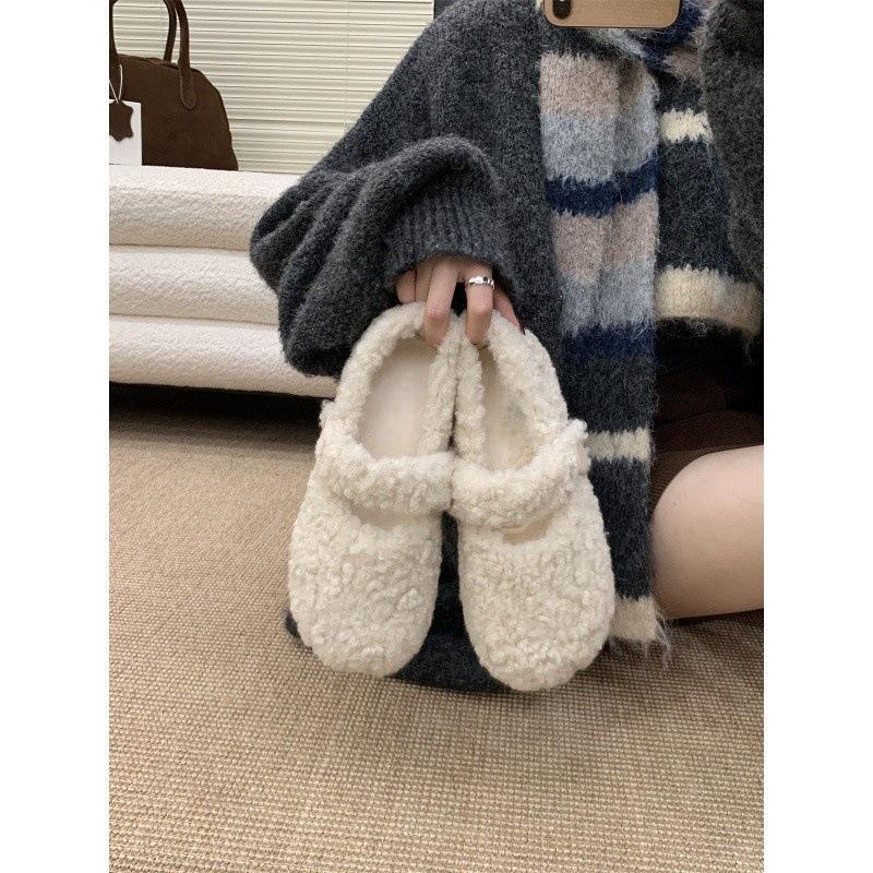 Gentle Fairy Wind Round Head Mary Jane Plush Shoes Women Wear Flat Cotton Single Shoes Doudou Shoes In Winter