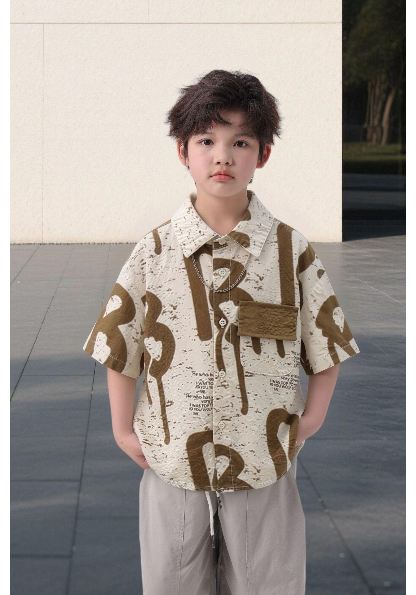 Trendy Boys Japanese Retro Printed Short Sleeve Shirt - Summer 2026 Collection 120cm