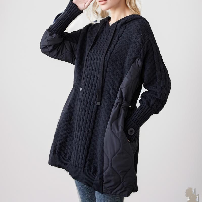 

DIMANAF 2025 Зимние Женские Свитера Пэчворк Стеганые Пуговицы Пальто Пуловер Вязаный Водолазка Ложный Свободный Свитер One Size чёрный