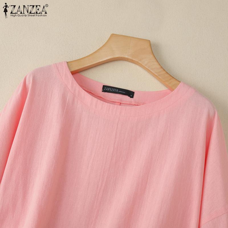 ZANZEA Women Casual Round Neck Solid Color 3/4 Sleeve Loose Blouse