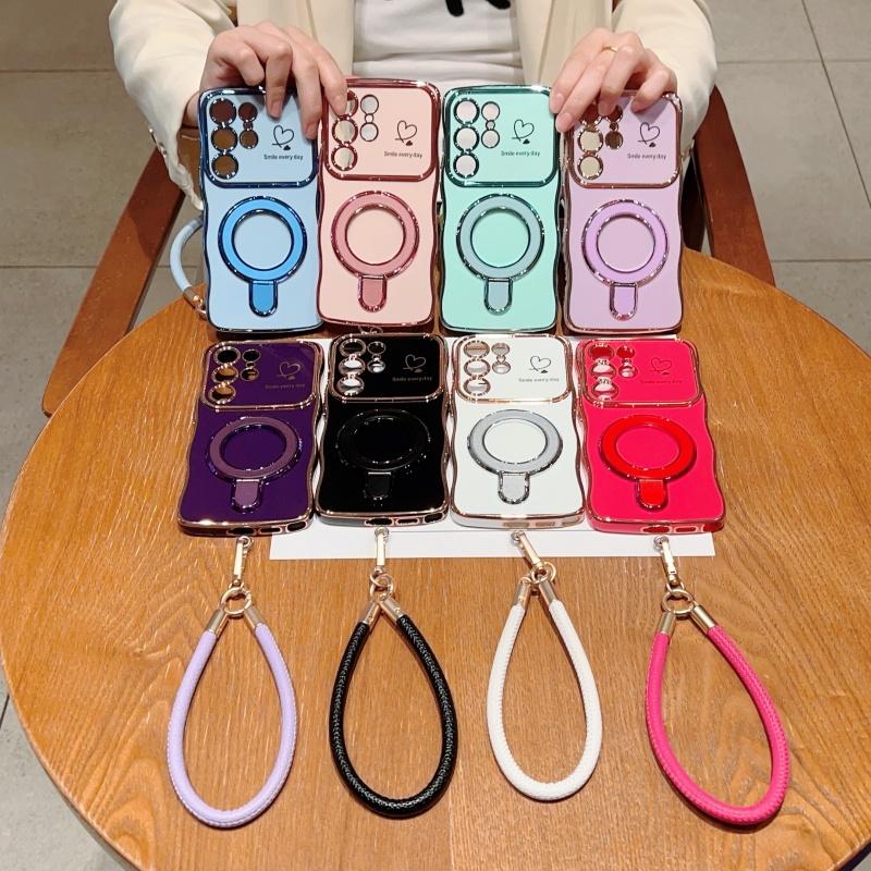 Wavy Frame Wrist Strap Phone Case for Samsung Galaxy S22 S23 S24 S25 Ultra Plus Edge A55 A54 A56 A36 A24 Silicone Soft Protective Cover Magnetic Stand