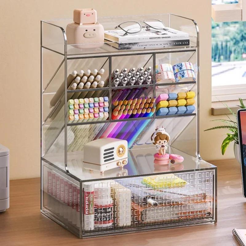 Transparent Desktop Storage Box - Cosmetic Organizer Drawer & Office Stationery Rack Pen Holder for Desk Supplies Neat Storage