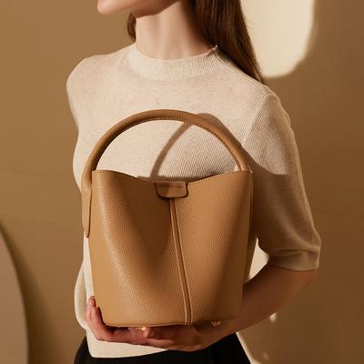 Leather Bucket Bag Women Cowhide Shoulder Bags Litchi Pattern Portable Messenger Handbag