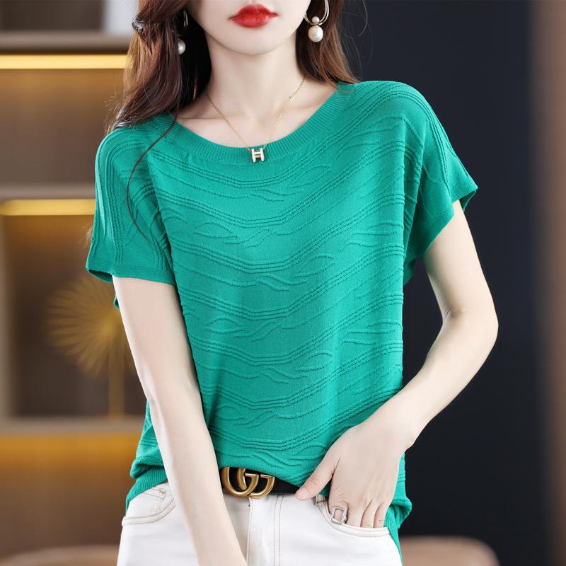 IHUASU Women's Short-sleeved O-neck T-shirt Loose Temperament Commuting Bottoming Spring and Summer Ice Silk Tops