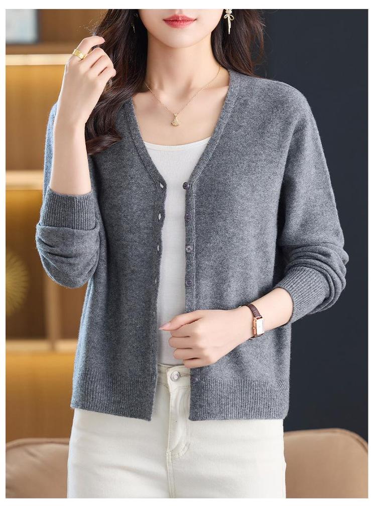 Women's V-Neck Pure Wool Cardigan Sweater - Solid Color, Long Sleeve, Trendy Casual Outerwear.