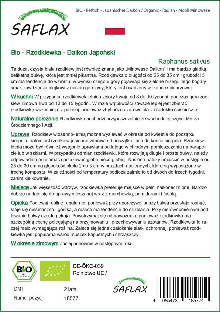 SAFLAX Dárková sada - Bio - Ředkev - Mooli Minowase - 100 semen - S dárkovou krabičkou, kartou, štítkem a substrátem - Raphanus sativus