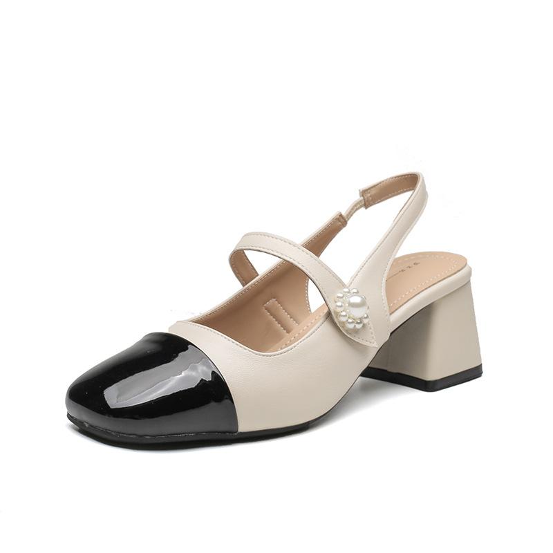 Baotou sandals women's thick heel pearl medium heel temperament Mary Jane single shoes