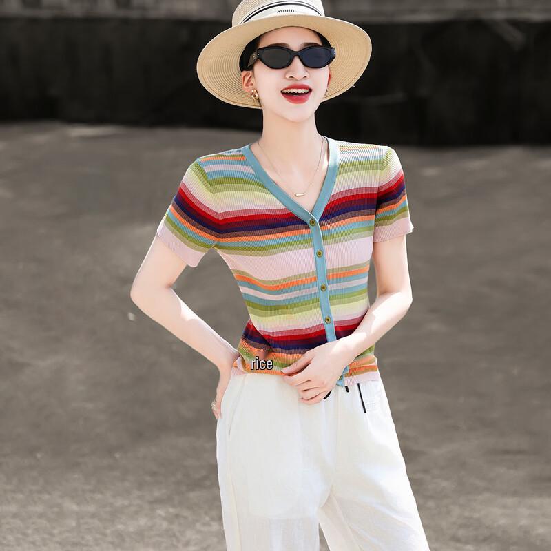 Lansere Women's Striped V-Neck Knit Short-Sleeve Top