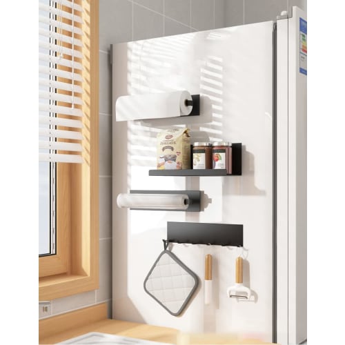 Refrigerator Side Rack, Spice and Seasoning Rack, Kitchen Storage, Set of 2, Magnetic, Strong Magnets, Refrigerator Compatible, Fall Prevention, Black