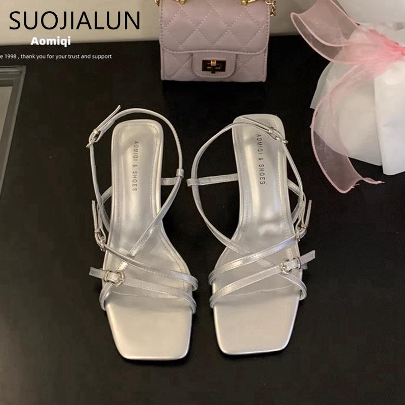 Fashion SUOJIALUN 2025 Summer New Brand Women Sandal Fashion Narrow Band Ladies Elegnat Gladiator Shoes Thin High Heel Dress Pumps Shoes