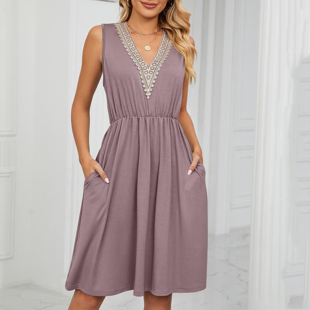 Women Fashion Casual Comfy Sexy Sleeveless Solid Color V-Neck Pocketed Short Sleeve Dress