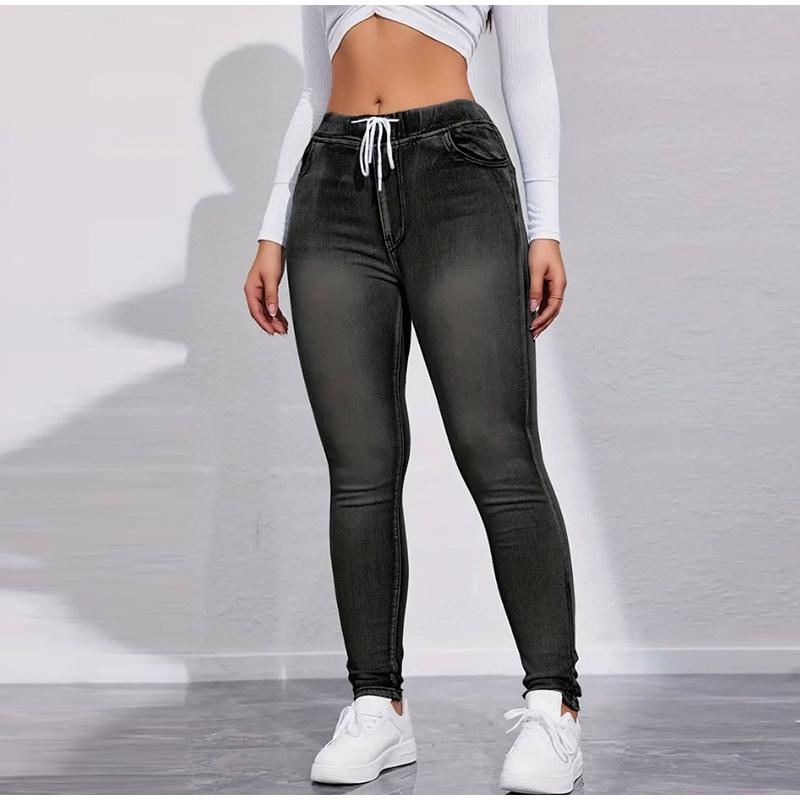 High Stretch Drawstring Denim Inspired Leggings for Women High Waist Slim Fit Lifted Buttocks Solid Color Tight Pants Spring