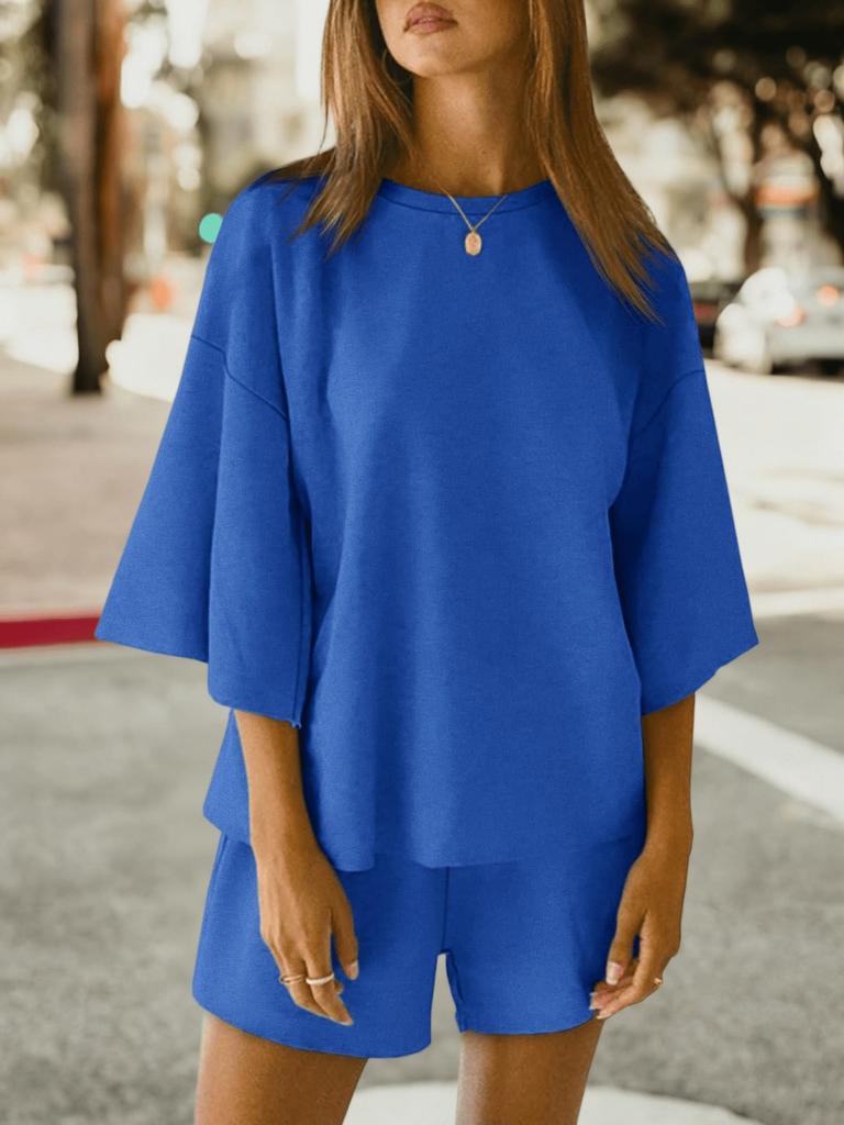 Womens 3/4 Sleeve Lounge Set Oversized Top and Elastic Waist Shorts