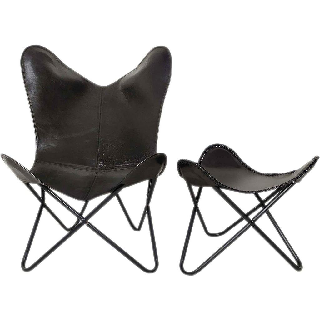 Handmade Black Leather Butterfly Chair With Footstool Foldable Relax Arm Chair