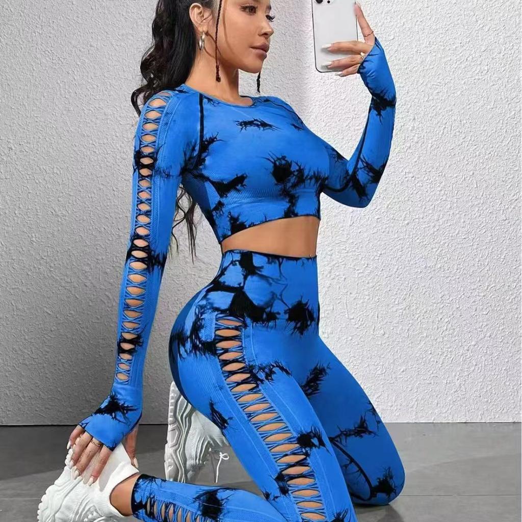 Cross-border Tie-dye Quick-dry High-waisted Yoga Set: Long Sleeve & Side Cut-out Pants